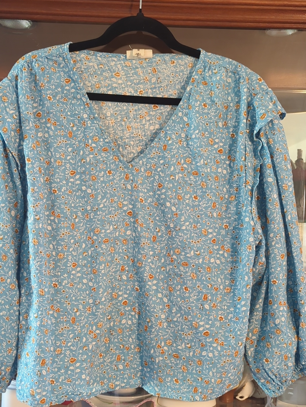 Anna Light Blue Floral V-Neck Blouse with Mustard Accents